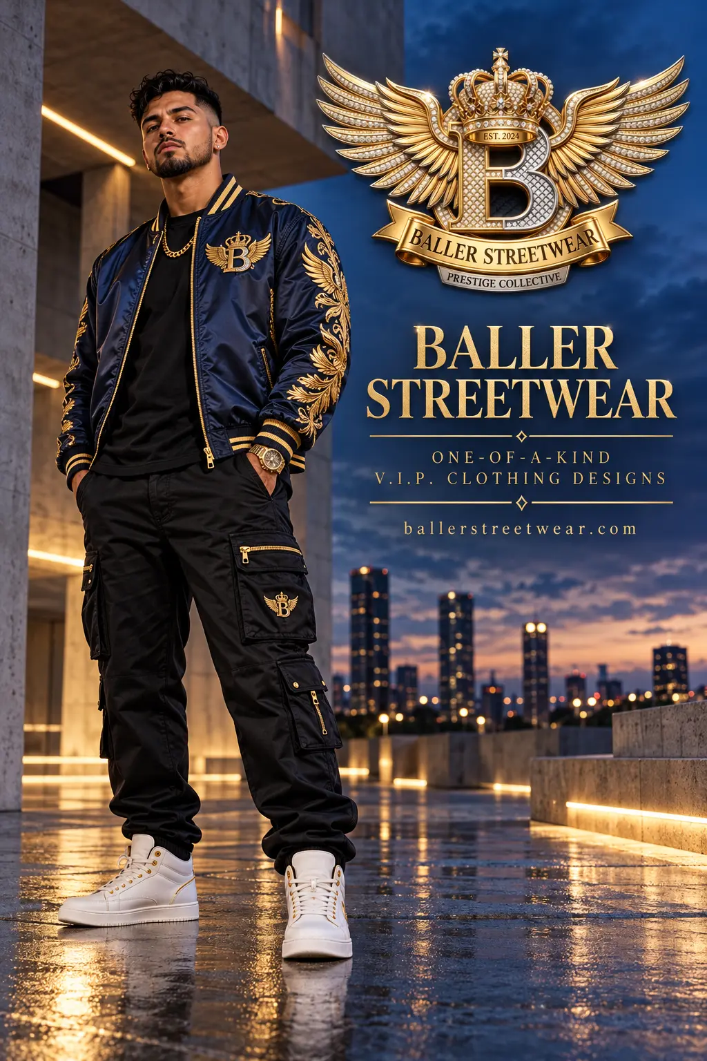 Gold embroidered midnight blue Baller jacket