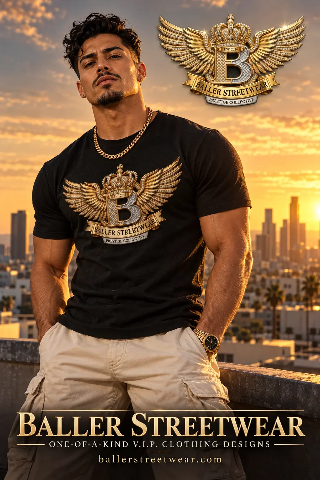 Latino male model in black and gold streetwear